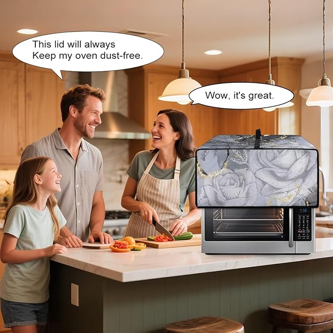 Marble Rose Flower Print Toaster Oven Cover, Stain-Resistant Air Fryer Cover with Storage Pocket, Kitchen Decorative Oven Protector, Black Grey Gold, (Large-18.5*22.5*12.99 inches)