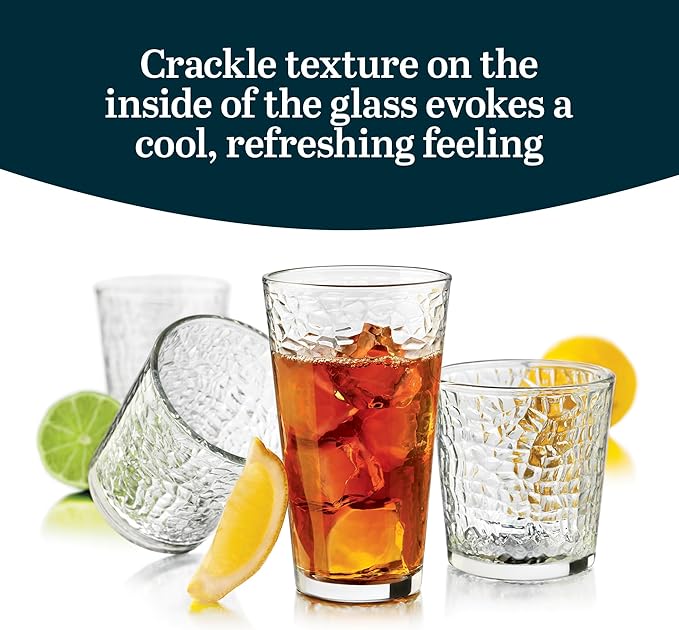 Libbey Yucatan Tumbler and Rock Drinking Glasses Set, Textured 16 Piece Glassware Set, All Purpose Glass Cups for Events and Everyday Use