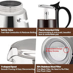6 Cup Glass Transparent Moka Pot Stainless Steel Uncoated Stovetop Espresso Maker Italian Coffee Makers Mocha Greca Machine Cafe Classic Induction Cookers for Home Camping 350ml