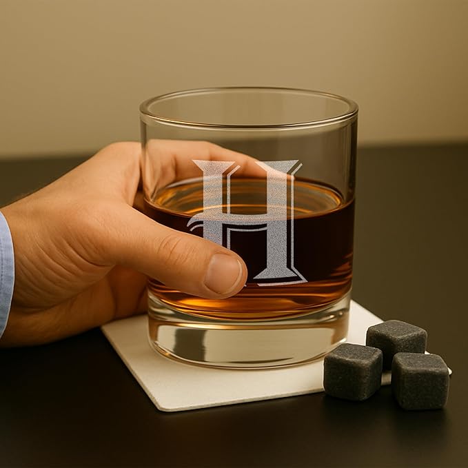 On The Rox [H-Monogram] - 4 Piece Set of 11 Ounce Engraved Heavy Base Rocks Whiskey Bourbon Glasses Elegant Glass-Multi-Purpose Beverage-Rocks Glass- Ideal Gift for any Occasion Drinks