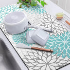 Findosom 2PCS 12" x 20" Dish Drying Mat & 24" x 5.5" Sink Splash Guard, Super Absorbent & Cuttable Dish Mat Drying Kitchen Mat with Teal Floral, Hide Stain Drying Mat for Kitchen Counter