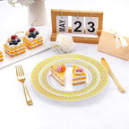 I00000 200 Pcs White and Gold Plastic Plates, Disposable Plastic Plates for 100 Guests Include: 100 Pcs Dinner Plate 10.25” and 100 Pcs Dessert Plate 7.5” Perfect for Party and Wedding