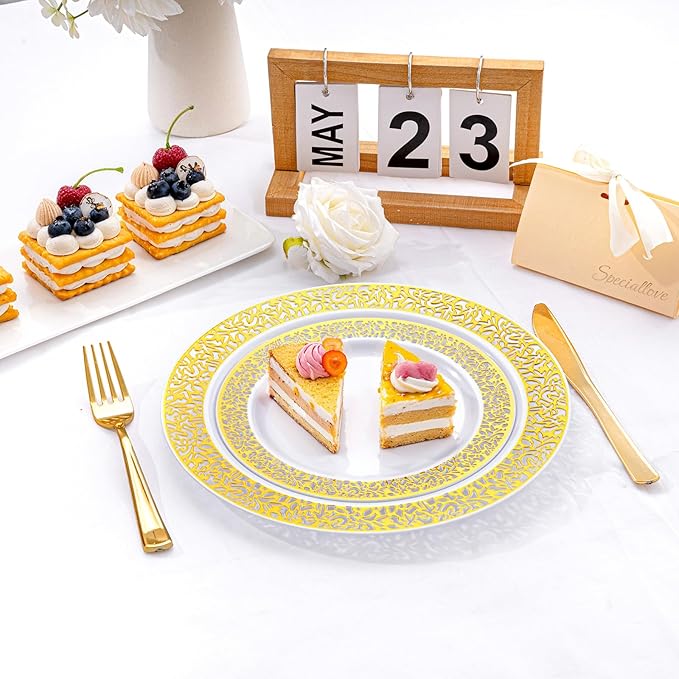 I00000 200 Pcs White and Gold Plastic Plates, Disposable Plastic Plates for 100 Guests Include: 100 Pcs Dinner Plate 10.25” and 100 Pcs Dessert Plate 7.5” Perfect for Party and Wedding