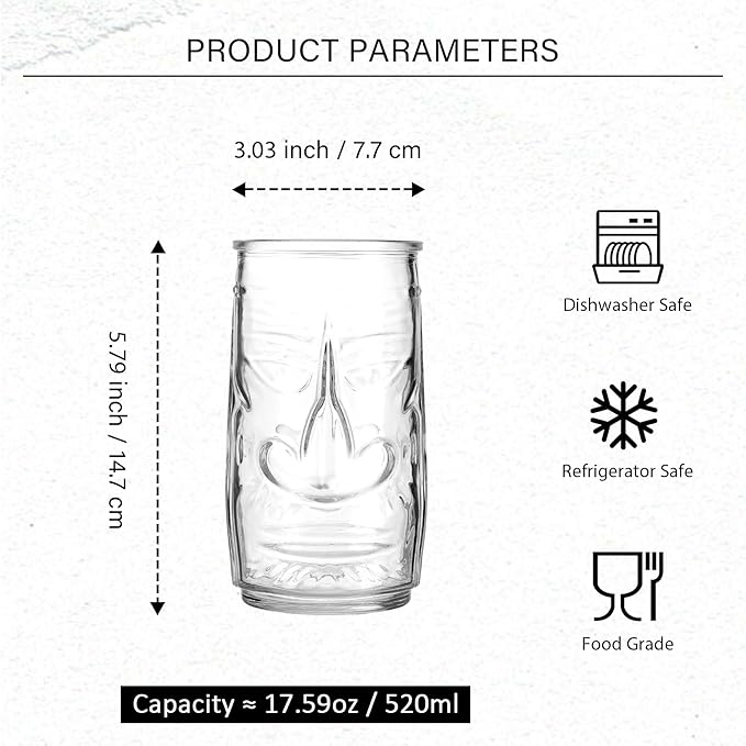 Tiki Glasses Set of 6 - Highball Glasses - 17 oz Cocktail Water Glass for Tropical Bar - Hawaiian Party Drinking Glass