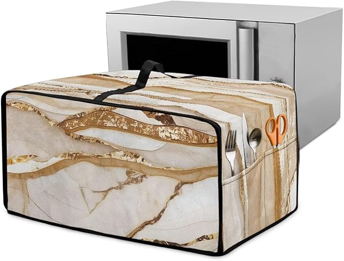Marble Print Toaster Oven Cover, Heavy-Duty Dust Shield Kitchen Decorative Countertop Oven Protector, Microwave Air Fryer Cover, Light Gold White, (Small-14.5*18.46*9 inches)