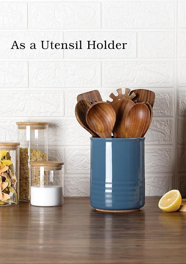 Utensil Holder, 6.7" Ceramic Kitchen Utensil Crock for Countertop Cooking, Modern Utensil Caddy Jar Organizer for Farmhouse Kitchen Counter Décor, Blue