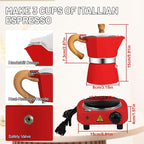 2-in-1 Moka Pot Espresso Set with Electric Stove 3 Cup Aluminum Stovetop Coffee Maker Percolator Italian Classic Mocha Coffee Machine for Italian and Cuban Cafe Brewing Portable Camping Red