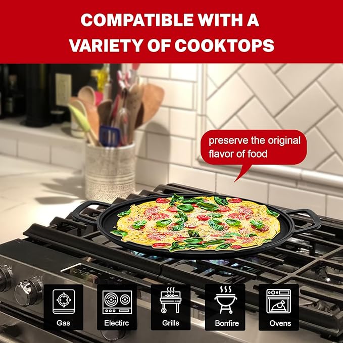 GGC Cast Iron Pizza Pan for Baking, 14" Round Griddle Pans Make Different Dishes for Stove, Oven, Grill and Campfire, Heavy-duty and Evenly Heat Pizza Stone for Pizza Tortillas, Eggs, Bacon and Meat