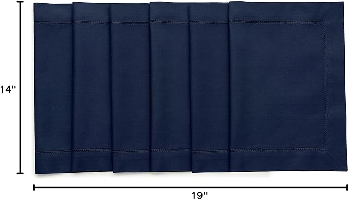 Solino Home Navy Blue Placemats Set of 6 - Cotton Linen Hemstitch Placemats 14 x 19 Inch for Holiday, Winter, New Year