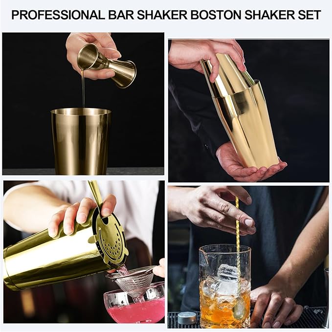 Mwellewm Cocktail Shaker Boston Shaker Set 15 Pcs Professional Bartender Kit Bar Shaker Stainless Steel Drink Shaker Bartending Beginner Martini Shaker Tin Mixed Alcohol Shaker Tool(Gold)