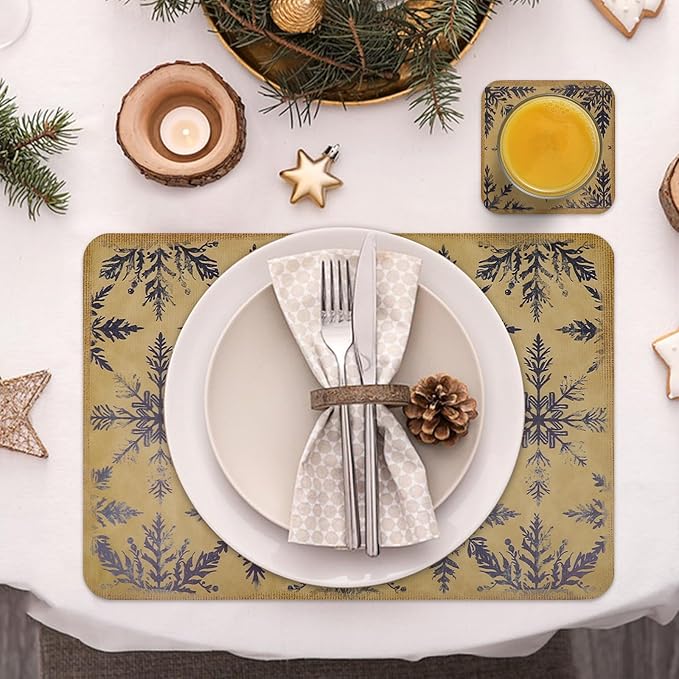 Le courant 16.9in 6PACK Winter Decoration Blue Snowflake Placemats with 6 Coasters, Reversible Faux Leather Easy Clean Waterproof Stain Resistant Place Mats, for Home Party Dining Holiday Table Decor