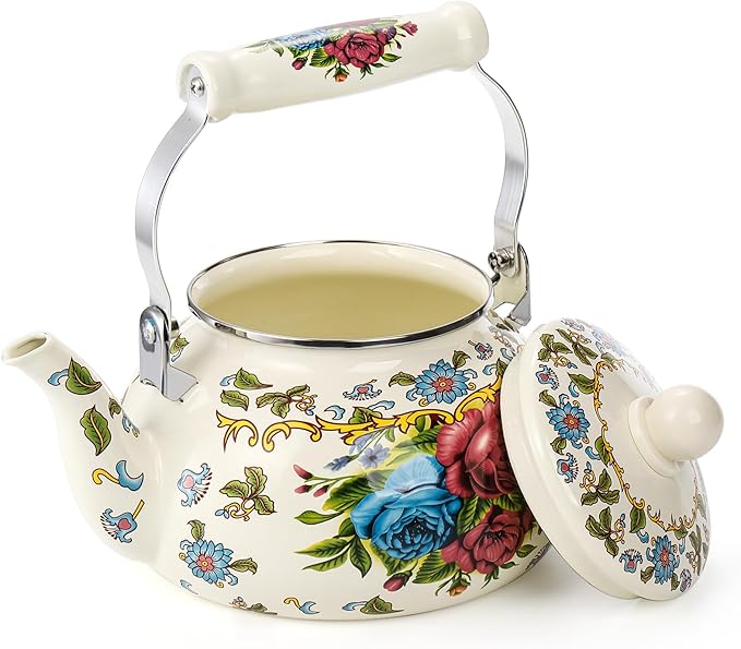 Fasmov 2.5L Enamel Teapot, Large Porcelain Enameled Teakettle, Floral Colorful Tea Kettle with Handle for Stovetop, Retro Steel Teapot for Hot Water, No Whistling