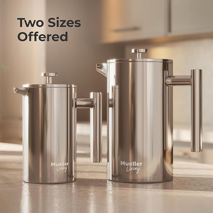 MuellerLiving French Press Coffee Maker 20oz, Stainless Steel French Press Coffee, 4 Filter Heat Resistant Double Insulated, Rust-Free, Food Grade, Dishwasher Safe Coffee Pot