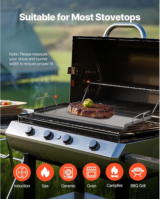 VEVOR Carbon Steel Griddle, Flat Top Plate, Griddle for BBQ Charcoal/Gas Gril with 2 Handles, Rectangular Flat Top Grill with Extra Drain Hole for Tailgating and Party