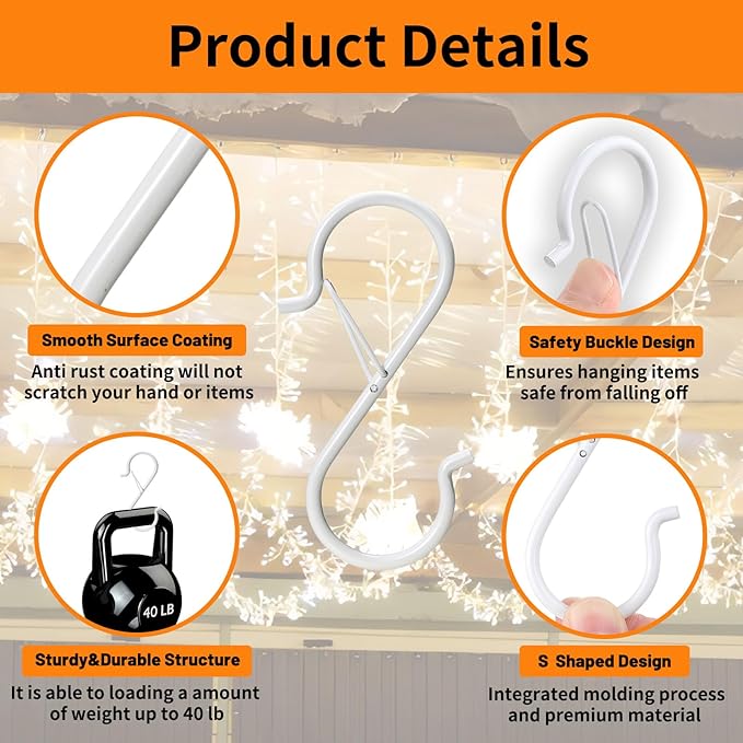 24 PCS S Hooks for Hanging with Safety Buckle, 3.5 inch Heavy Duty Metal S Shaped Hooks Stainless Steel for Hanging Kitchen Utensil, Cups, Pots, Plants, Bags, Hats (White)