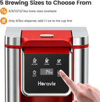Horavie Single Serve Coffee Maker for K-Cup Pod and Grounds, Hot & Iced Coffee Maker, Strong Button Feature, 6 to 14oz Brew Sizes, 50oz Removable Reservoir, Fit 6.5" Mugs, Stainless Steel, Red