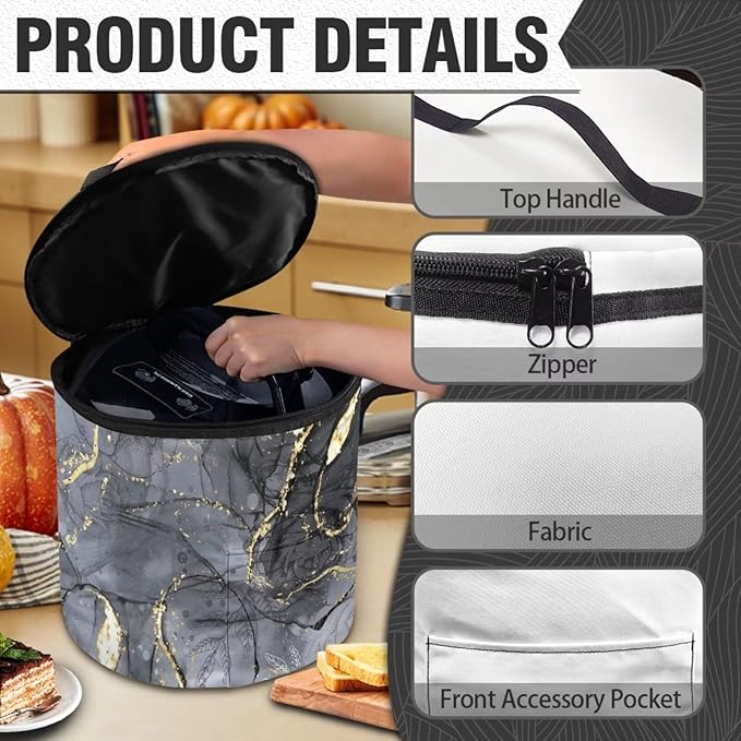 Electric Pressure Cooker Insulation Handbag Accessories Pockets Pressure Cooker Storage Bag Kitchen Decor, Rose Black Marble