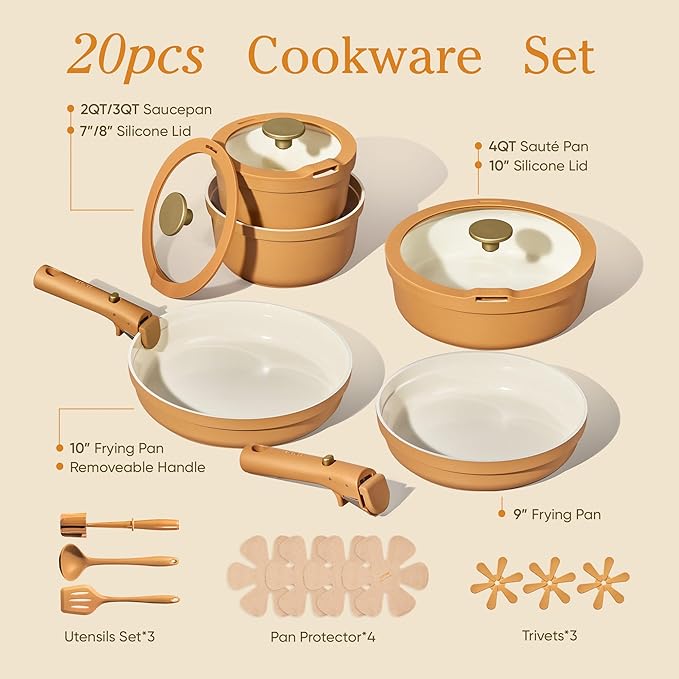Carote 20pcs Ceramic Cookware Set with Detachable Handles, Pots and Pans Set Non Stick, RV Kitchen Cooking Pot and Pan, Dishwasher Safe, Non-toxic Induction Cookware PFAS and PFOA Free,Orange