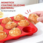 Samuelworld Silicone Muffin Pan for Baking: 24 Cup Muffin Pan with Metal Reinforced Frame, Regular Size Cupcake Egg Bites Molds for Baking, BPA Free Silicone Muffin Tray, 2 Pack, Red (With Scooper)