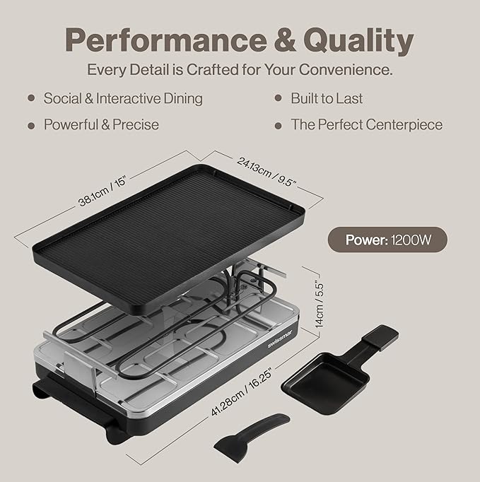 Swissmar Classic 8-Person Raclette Party Grill with Reversible Cast Aluminum Non-Stick Grill Plate/Crepe Top, Indoor Electric Raclette Grill & Griller - Black Grill Plate - Black