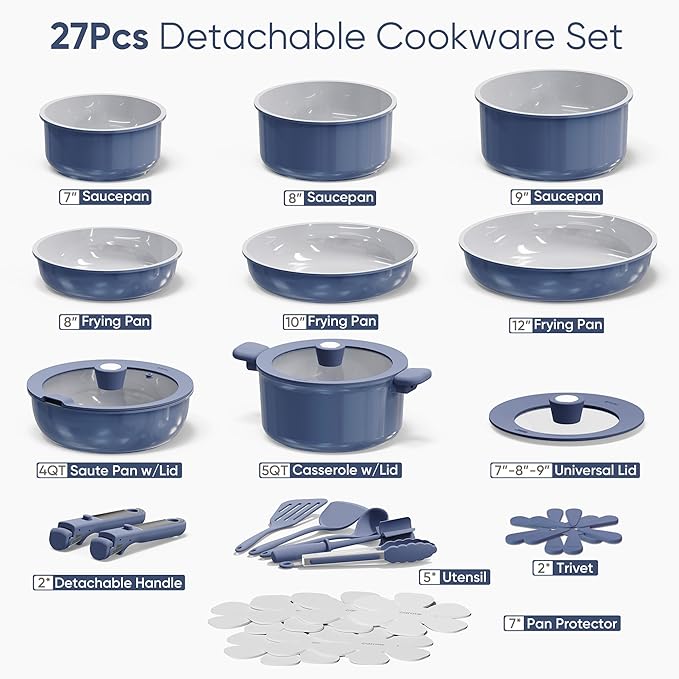 CAROTE 27pcs Ceramic Cookware Set Nonstick, Pots and Pans Set Non Stick, Non Toxic Cookware Detachable Handles, Dishwasher/Oven Safe, RV/Camping Cookware, Pan and Pot with Kitchen Utensils, Navy Blue