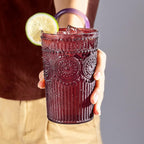 Ciaell 12 Pack Romantic Plastic Water Glasses - 14 Oz Burgundy Vintage Drinking Glasses, Embossed Ribbed Plastic Cups, Textured Striped Set for Juice, Beverages, Beer, Cocktail