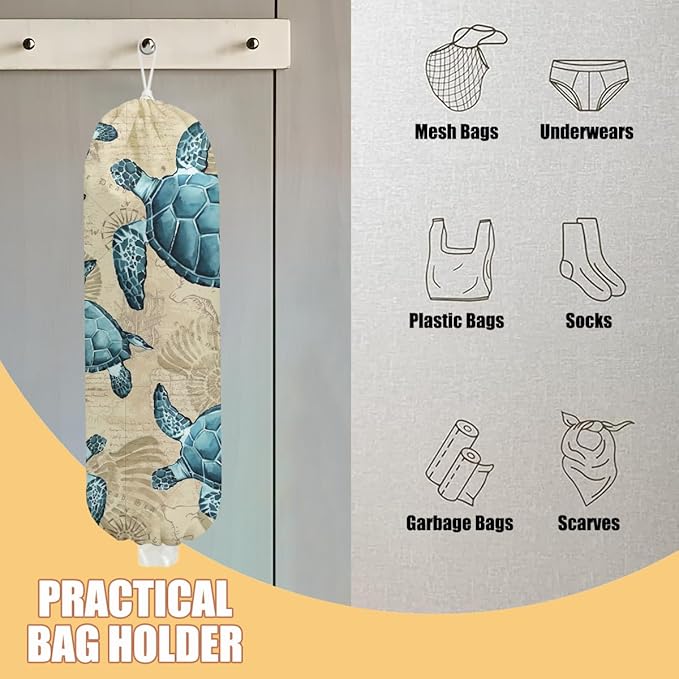 Sea Turtle Plastic Bag Holder, Wall Mount Grocery Bag Holder, Plastic Storage bag, Pull Rope Free Adjustment, Plastic Bag Holders for Grocery Bags, Plastic Bag Dispenser for Home Kitchen