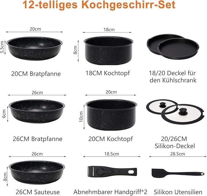 Sweetcrispy 12 pcs Pots and Pans Set, Nonstick Kitchen Induction Cookware Suit with Detachable Handle, Dishwasher Oven Safe, Black