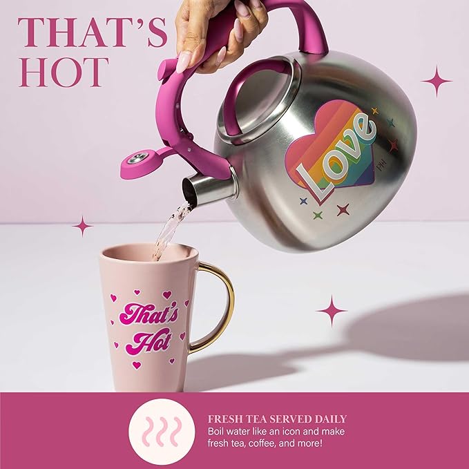 Paris Hilton Whistling Stovetop Tea Kettle, Stainless Steel with Rainbow Love Color Changing Heat Indicator Design, Soft Touch Handle, 2.5-Quart, Love Rainbow