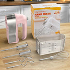 Hand Mixer Electric, 450W Kitchen Mixers with Scale Cup Storage Case, Turbo Boost/Self-Control Speed + 5 Speed + Eject Button + 5 Stainless Steel Accessories, For Easy Whipping Dough, Cream, Pink