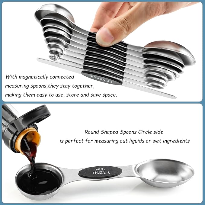 Magnetic Measuring Spoons Set of 9 Stainless Steel Dual Sided Stackable Teaspoon Tablespoon Nesting Measuring Spoon for Measuring Dry and Liquid Ingredients Fits in Spice Jar