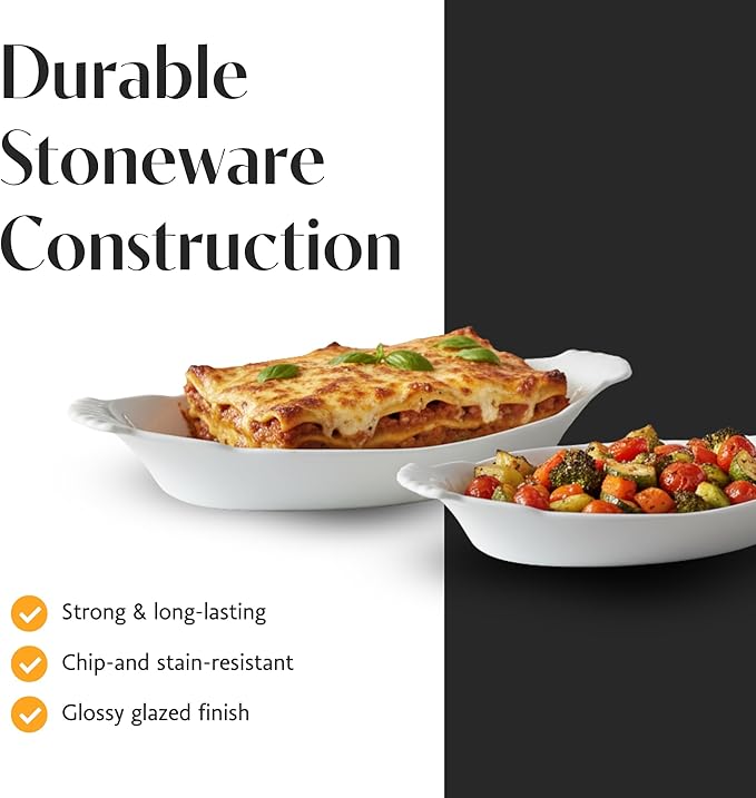 BIA Cordon Bleu Classic Bakeware Set, Oval Au Gratin Dishes - Set of 2 (24 oz & 10 oz), Microwave, Oven & Dishwasher Safe, Glossy White Porcelain for Baking & Serving - Great Gift for Home Chefs