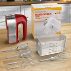 Hand Mixer Electric, 450W Kitchen Mixers with Scale Cup Storage Case, Turbo Boost/Self-Control Speed + 5 Speed + Eject Button + 5 Stainless Steel Accessories, For Easy Whipping Dough, Cream, Red