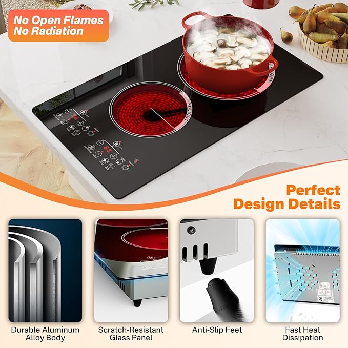 2 Electric Burner, 2000W Plug in Portable Cooktop, 110V Countertop Stove, Built-in Ceramic Hot Plate Dual Burner with 9 Power Levels, Timer, Safey Lock, Compatible with ALL Cookware