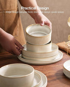 Famiware Star Dinnerware Set with Pasta Bowls, Service for 6 (24 Pieces), Ribbed Stoneware Plates and Double Bowls Sets - Chip & Scratch Resistant, Microwave & Dishwasher Safe Dishes, Cappuccino White