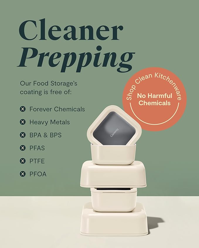 Caraway Glass Food Storage - 6.6 Cup Glass Container - Ceramic Coated Food Container - Non Stick Lunch Box Container with Lids - Dishwasher, Oven, & Microwave Safe - Cream