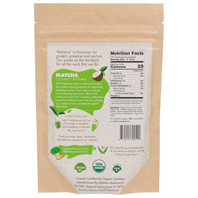 Malama Ceremonial Grade Matcha Coconut Latte Powder – Premium Japanese Matcha Green Tea Powder with Organic Lion’s Mane – Organic, Gluten-Free, Vegan & Unsweetened (3.5 oz) for Energy & Focus
