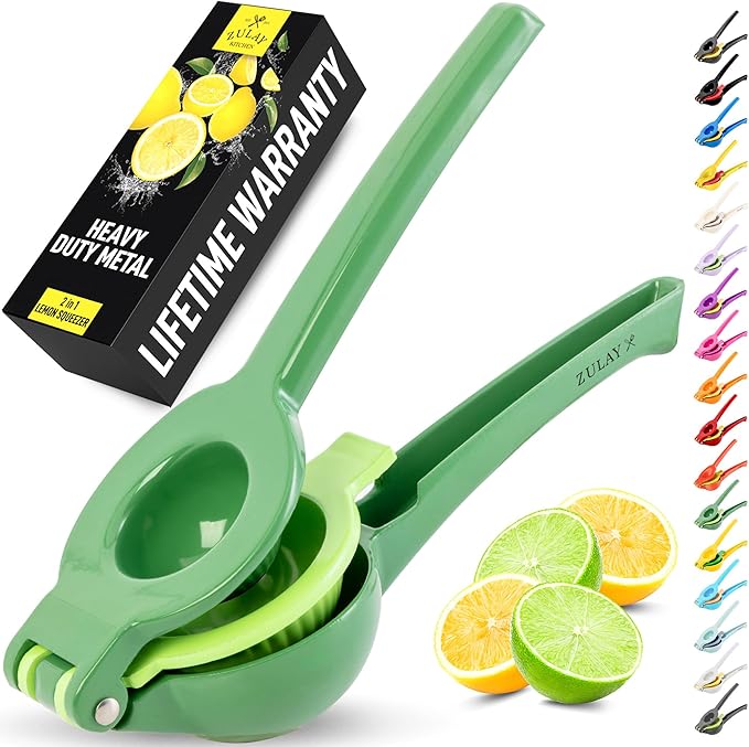 Zulay Kitchen Metal 2-in-1 Lemon Squeezer - Sturdy Max Extraction Hand Juicer Lemon Squeezer Gets Every Last Drop - Easy to Clean Manual Citrus Juicer - Easy-Use Lemon Juicer Squeezer - Green/Lime