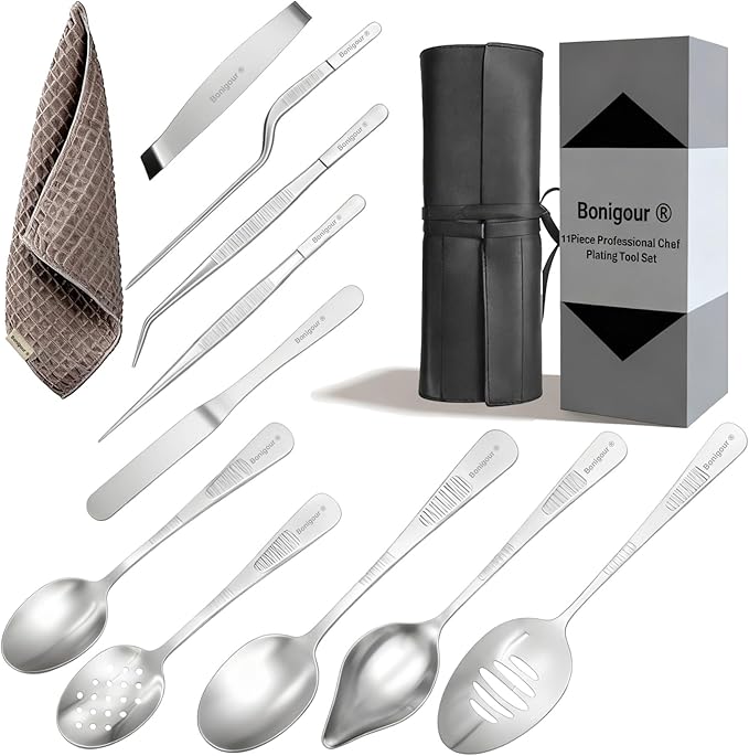 | Plating Tools Culinary Set | 11 Piece Professional Chef Plating Tools Pro Kit | Kitchen Plating Utensils | Modernist Cuisine Food Art | Stainless Steel | Black (Silver)