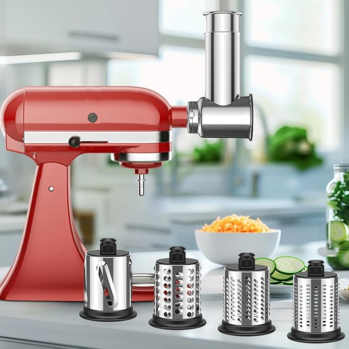Stainless Steel Slicer Shredder Attachment for Kitchenaid Stnad Mixer, Cheese Grater Attachment for KitchenAid - 4 Blades Salad Maker with Grinding Powder Function by FGREEBLE