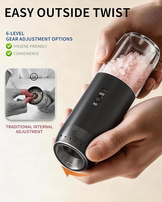 CIRCLE JOY Gravity Electric Salt and Pepper Grinder Set Rechargeable Automatic Pepper Mills with External Adjustable Coarseness, 176ml Large Capacity, Bright LED Light