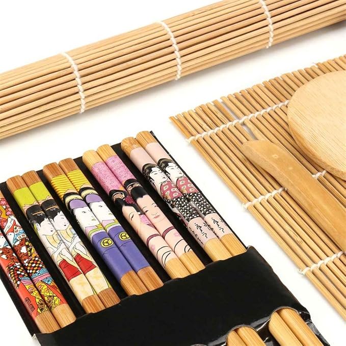 GLOGLOW Sushi Maker Set, Tool & Gadget Sets with Curtain Vane/Wing Spoon and 5 Pairs of Twisted Chopsticks, for Making Sushi At Home Maker Set, Rolling Mat Kits Making Kit (Assorted Color)
