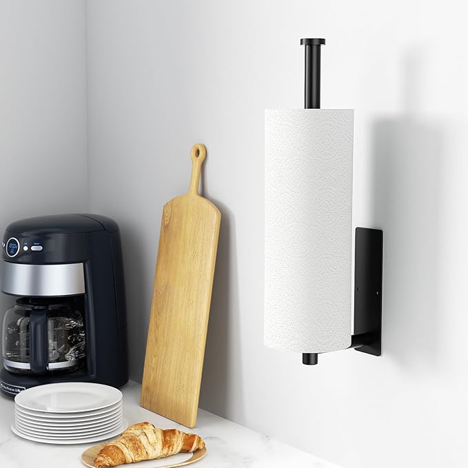 Paper Towel Holder - Self-Adhesive or Drilling, Matte Black Wall Mounted Rack - SUS304 Stainless Steel Kitchen Roll Dispenser Under Cabinet