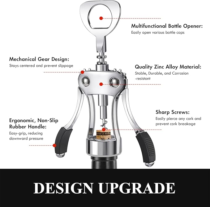 KORCCI Wine Opener, Heavy-Duty Zinc Alloy Wing Corkscrew, Premium Beer Bottle Opener, Multifunctional Wine Accessories with Ergonomic Handle and Sharp Screw, for Kitchen, Bar, Restaurant (BOX)