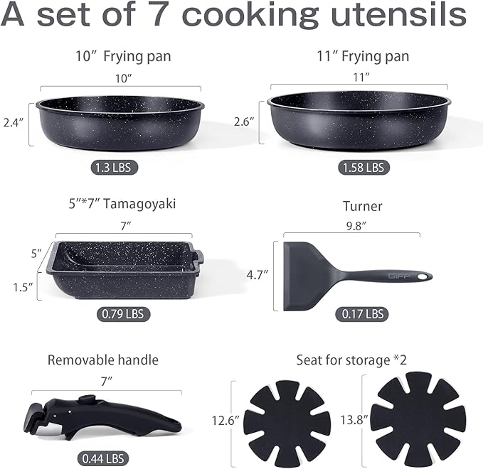 GiPP Ceramic Pots and Pans Set Non Stick, Nonstick Detachable Handle Cookware Sets, Non Toxic Induction Kitchen Pot and Pan with Removable Handle, Healthy RV Cookware, Dishwasher ＆Oven Safe, 7 Piece