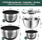 Nicdiet Mixing Bowls with Airtight Lids, Stainless Steel Mixing Bowl Set with 3 Metal Nesting Bowls, Colander & Grater, Non-Slip Bottoms, Size 1.5, 2.5, 5 QT, Great for Mixing & Serving, Black