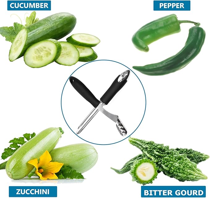 Jalapeno Pepper Corer, Set of 2, Stainless Steel Zucchini Cucumber Corer with Serrated Slice and Rubber Handle, Core Deseeder for Jalapenos, Chilis, Bell Peppers