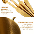 Gold 304 Stainless Steel Measuring Cup and Spoon Set, Stackable, 8-Piece, Long Handle for Narrow Bottles, Premium Gold Kitchen Utensils for and Cooking