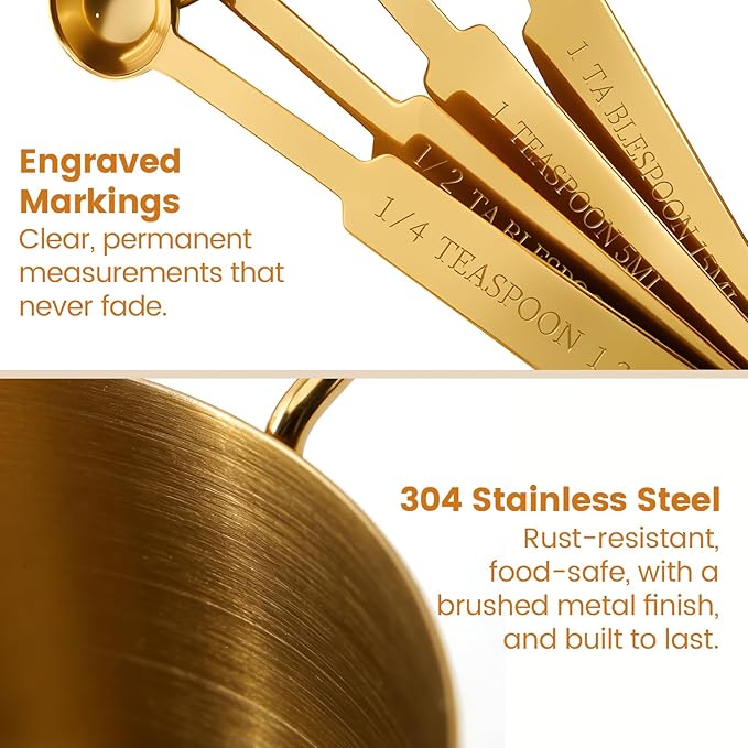 Gold 304 Stainless Steel Measuring Cup and Spoon Set, Stackable, 8-Piece, Long Handle for Narrow Bottles, Premium Gold Kitchen Utensils for and Cooking