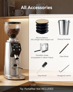 MOKKOM Professional 64mm Plated Flat Burr Coffee Grinder with 100 Grind Settings, All-Metal Stainless Steel Body, Coffee Bean Grinder with Adjustable Electronic Timer, Anti-Static, LED Display